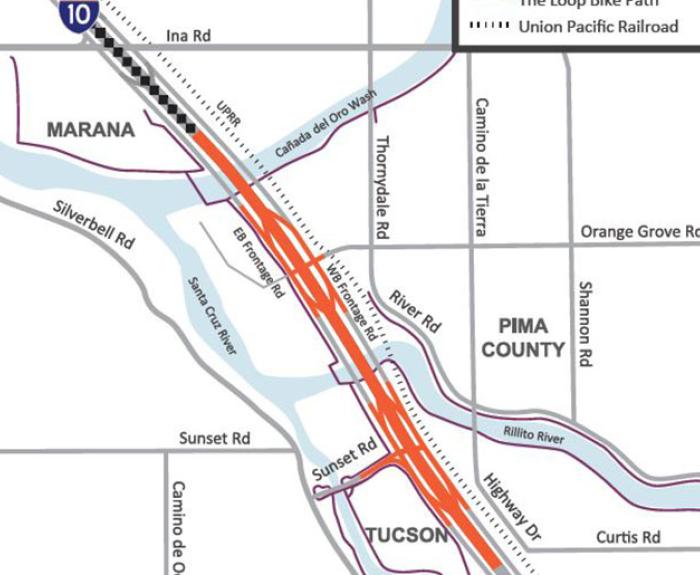 Map of I-10 Ina to Ruthrauff widening project 