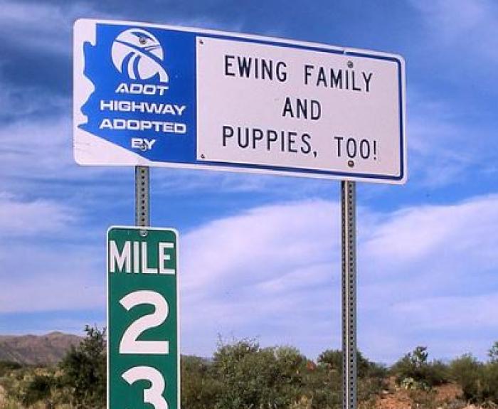 A highway sign recognizing a group that has adopted this stretch of highway to pick up litter.