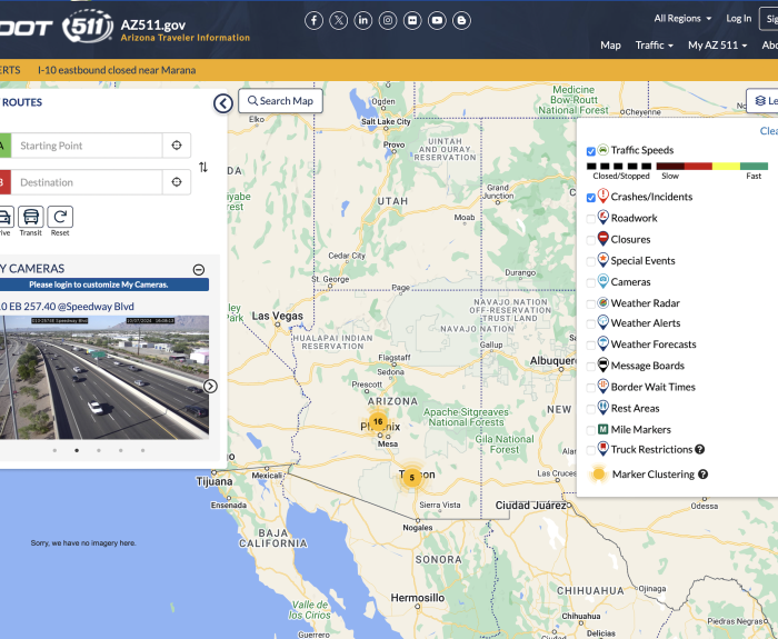A screenshot of the az511 dot gov website, which shows a map of Arizona.
