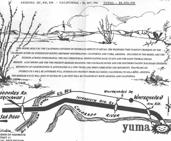 Illustration of proposed Yuma bridge crossing showing location and financial details from a California report. Includes map of US Interstate 8, All American Canal, and surrounding roads.