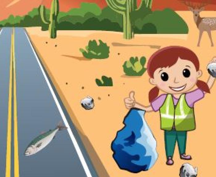 An animated still image of a a girl picking up litter near a road.