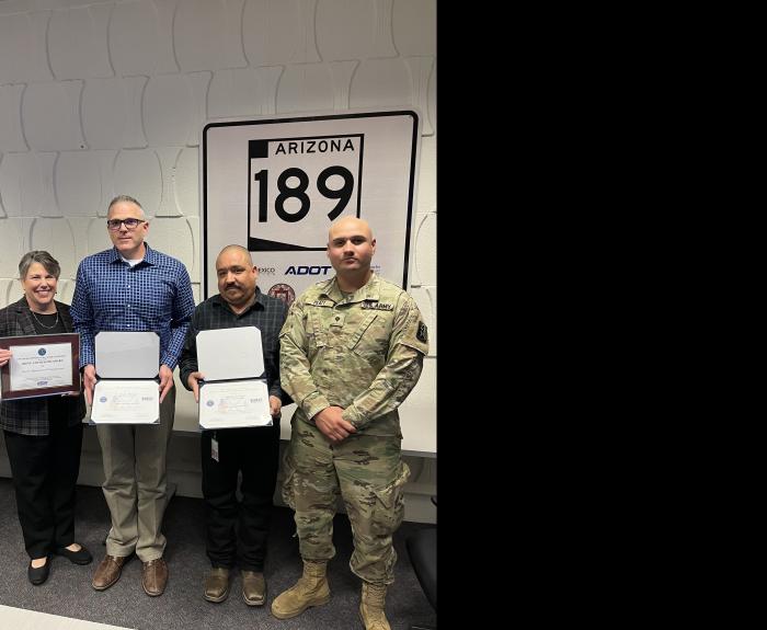 Photo of ADOT Director Jennifer Toth, ADOT employees Jeremy Moore, Anthony Torres and Ariel Platt
