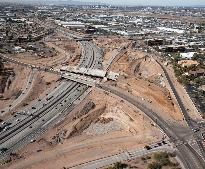 Aerial shot of I-10 and Broadway Road bridges under construction