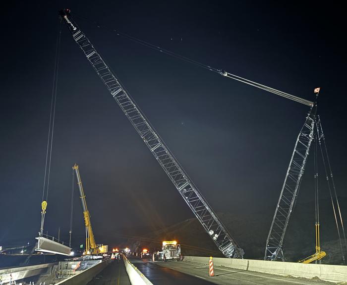 Setting girder for I-40 bridge