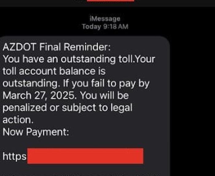 A scam text message about unpaid tolls.