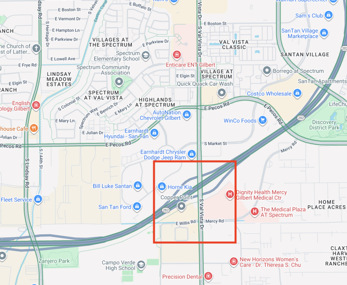 Map showing Val Vista Drive interchange
