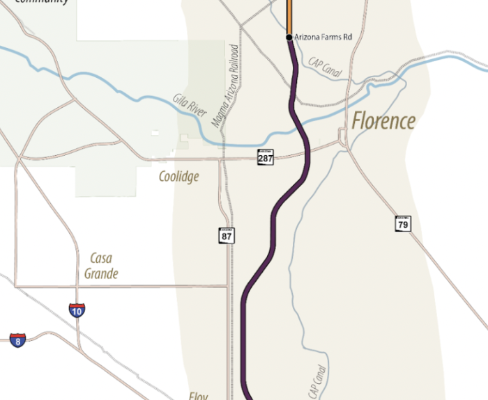 Map of North-South corridor in Pinal County