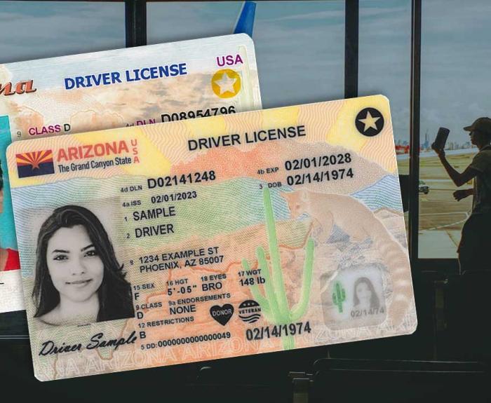 two arizona travel id driver licenses on an airport background
