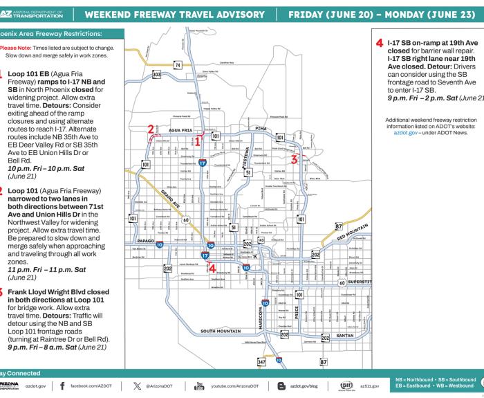 Weekend freeway advisory map