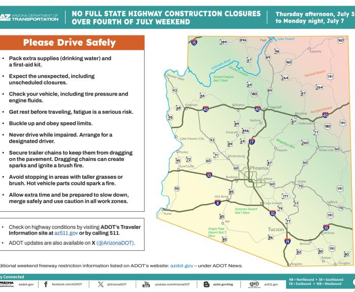ADOT's Fourth of July Weekend Travel Map (No Closures) June 27, 2025