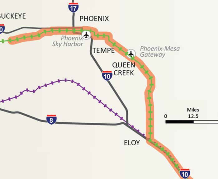 Map of proposed passenger rail route