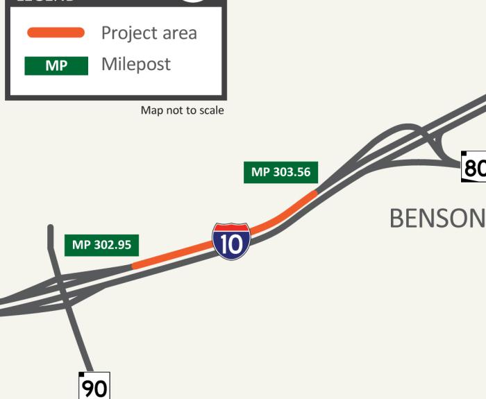 Map of I-10 climbing lane at SR 80 near Benson