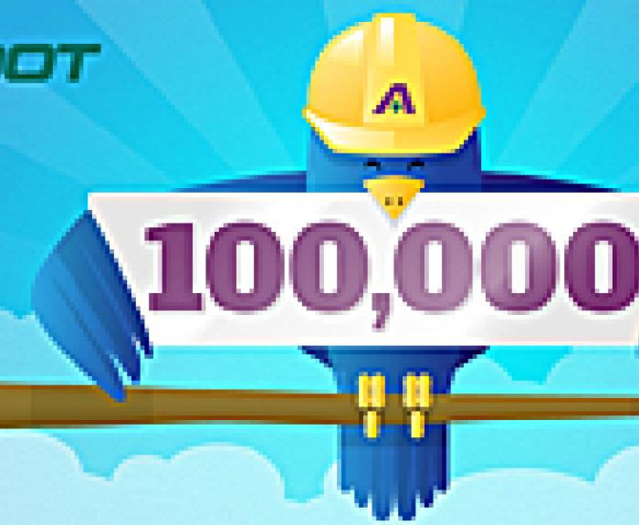 Bird in hard hat holding sign for 100,000