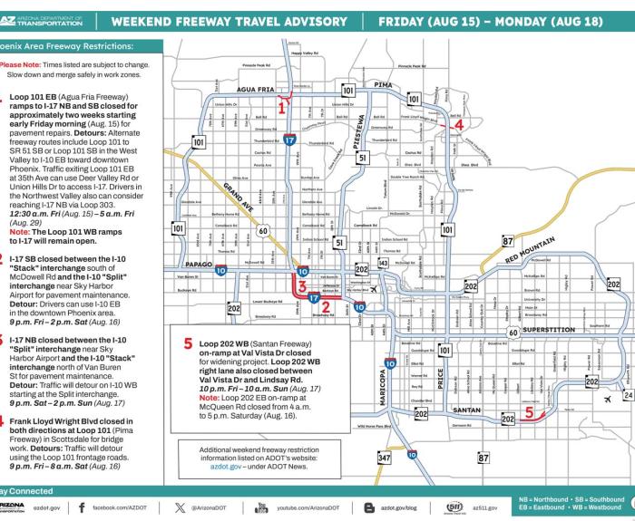 ADOT's Weekend Freeway Travel Advisory (Aug. 15-18, '25) - Phoenix Area