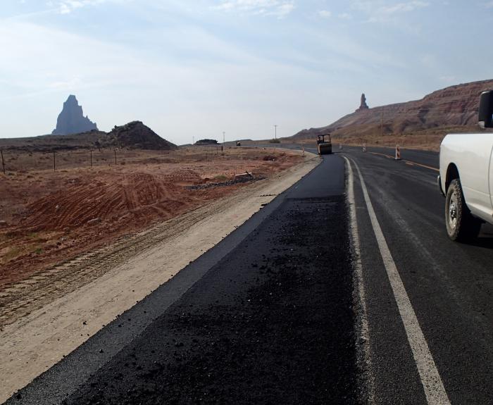 View of work adding shoulder to US 163 on Navajo Nation