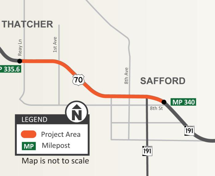 Map of US 70 in Safford and Thatcher