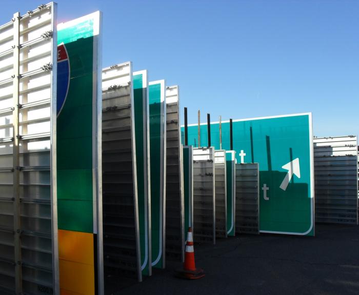 Freeway Signs at ADOT Sign Shop stored vertically