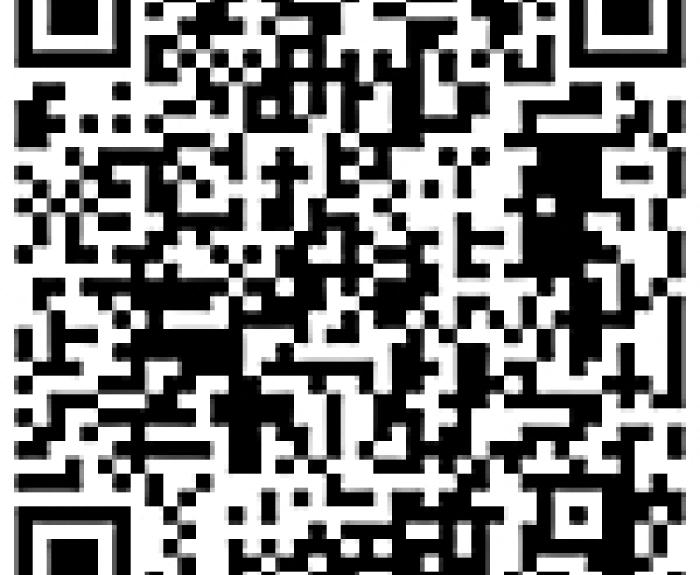 A black and white QR code containing encrypted digital information on a white background.
