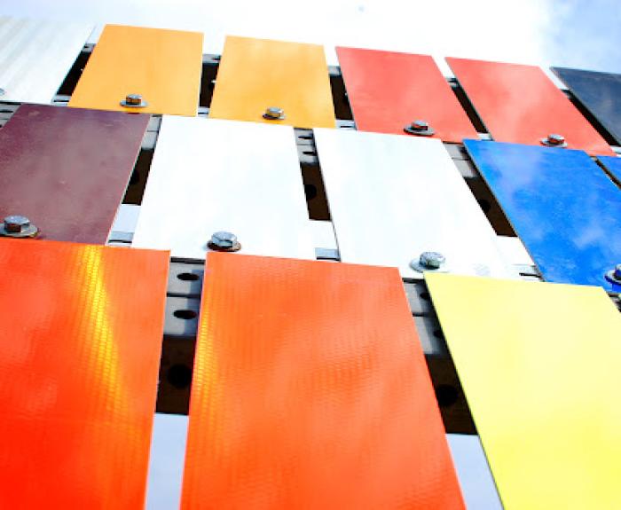 Sign samples of different colors arrayed for sun test