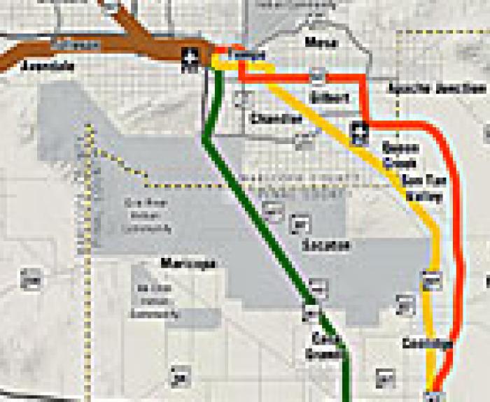 ADOT’s Passenger Rail Corridor study map with three chosen alternatives 