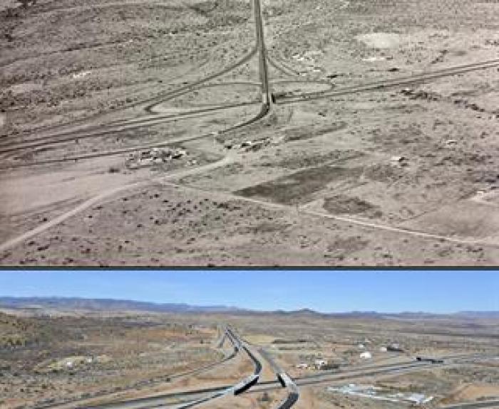 Two aerial views of the same highway interchange: the top image shows it in a barren desert landscape, the bottom image shows it modernized with developed roads and nearby buildings.