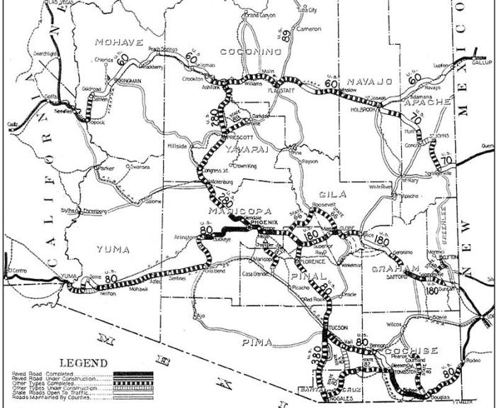 Black-and-white map showing Arizona’s state highway system, including Route 66 and Route 89, labeled by county.