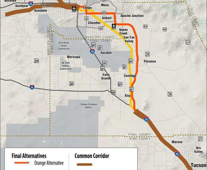 Map showing potential passenger rail routes