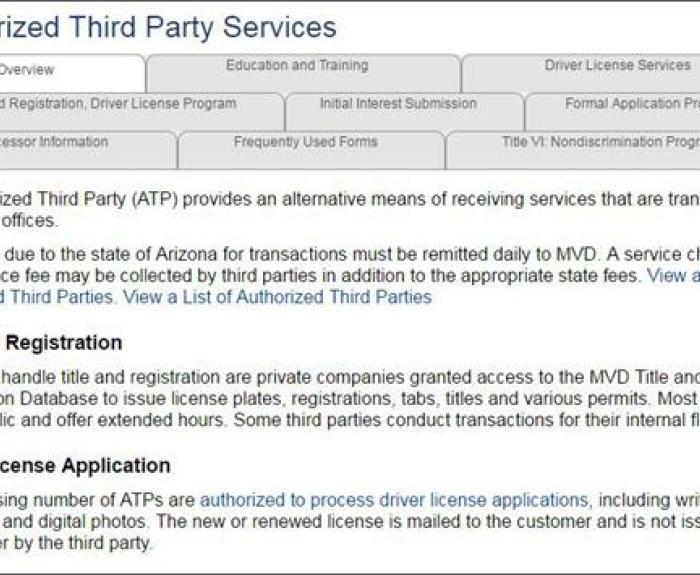 A screenshot of a webpage detailing authorized third-party services for MVD, including title and registration, driver license application, and related information in a gray and white layout.