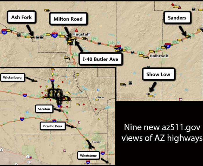 Map showing locations of nine new az511.gov highway camera views in Arizona, with arrows to each site.