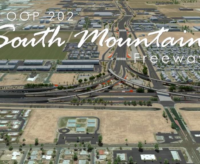 Title of Loop 202 South Mountain Freeway video rendering