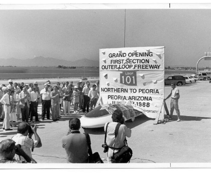 Black and white image of Loop 101 grand opening