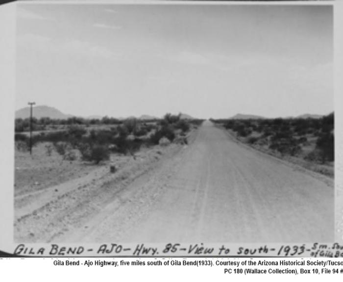 Historic photo showing Highway 85 as a gravel road