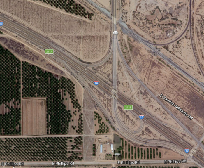 Satellite-mapping image showing where new State Route 287 interchange will be built with Interstate 10. 