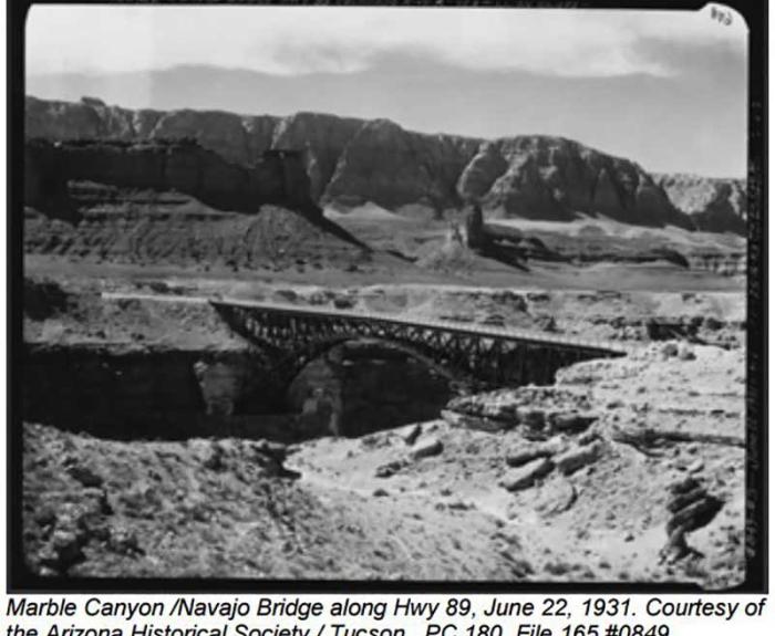 1931 photo showing structure over Colorado River later named Navajo Bridge