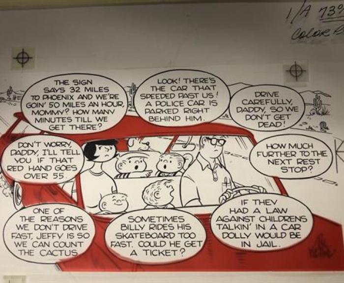 A Family Circus cartoon shows a family in a red car discussing speed limits and laws about children talking in cars.