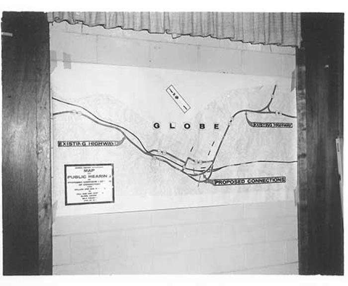 Black and white photo of a map of proposed Globe interchange