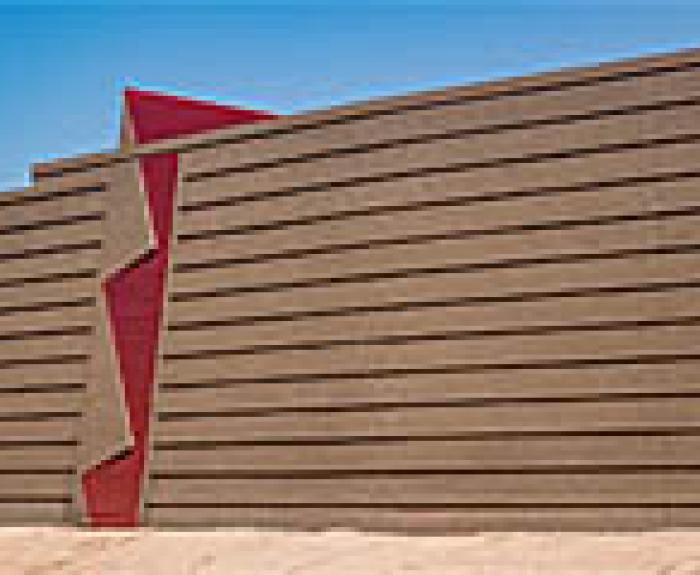 Section of freeway sound wall inspired by Frank Lloyd Wright