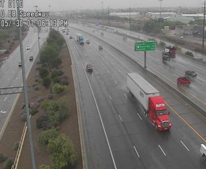 Traffic camera image of rain falling on Interstate 10 in Tucson