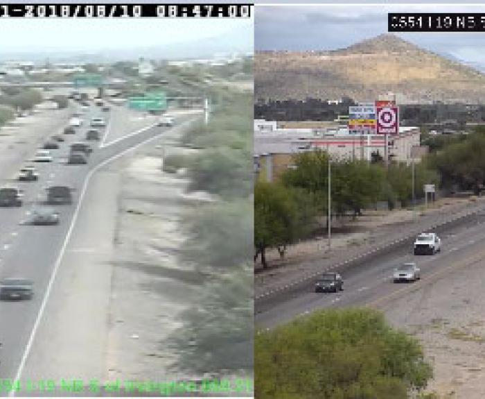 Two highway traffic camera images show the same area at different resolutions.