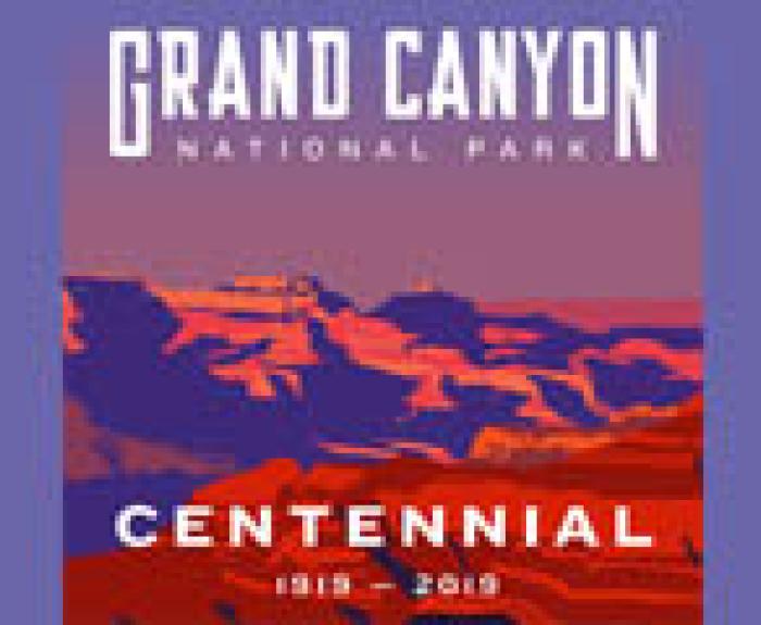 Stylized Grand Canyon artwork with text: Grand Canyon National Park Centennial 1919-2019 on a purple background.