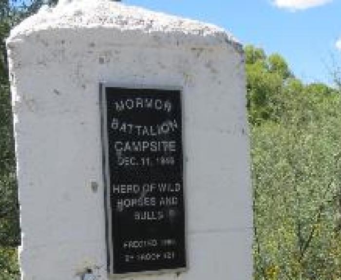 White stone monument with a plaque reading Mormon Battalion Campsite, Dec. 11, 1846. Herd of wild horses and bulls. Surrounded by green vegetation and yellow flowers.