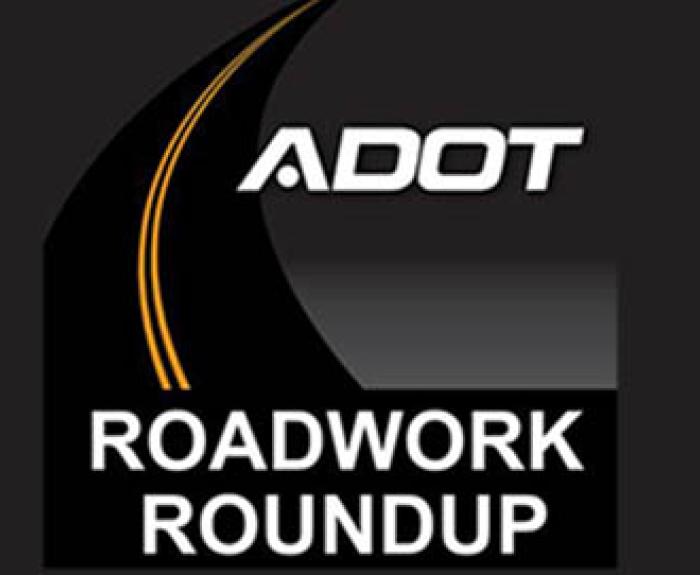 ADOT Roadwork Roundup logo featuring a black road with yellow lines curving upward on a dark background.