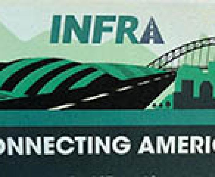 Illustration of infrastructure with a bridge, road, and city skyline, and the text INFRA CONNECTING AMERICA.