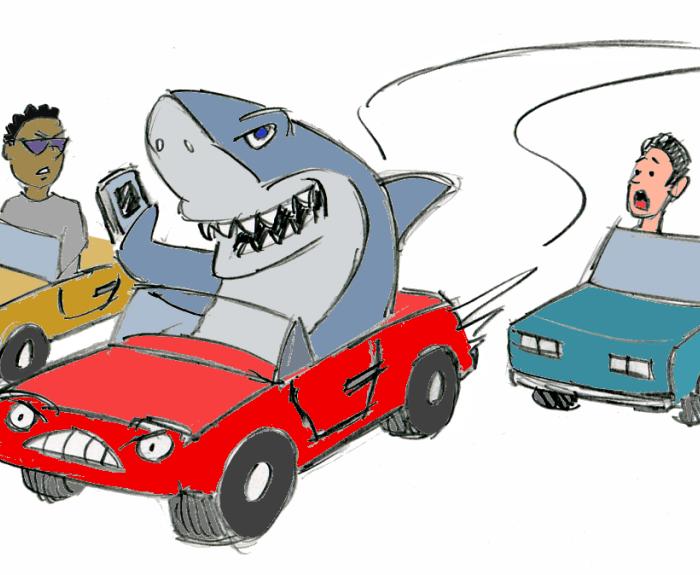 Cartoons shows distracted shark driver menacing other vehicles