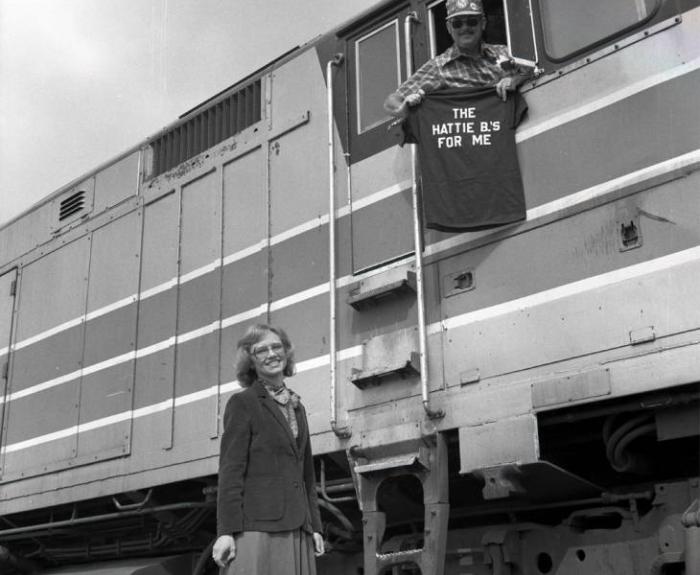 First Lady of Arizona, Harriet Babbitt with Train Conductor in 1980.