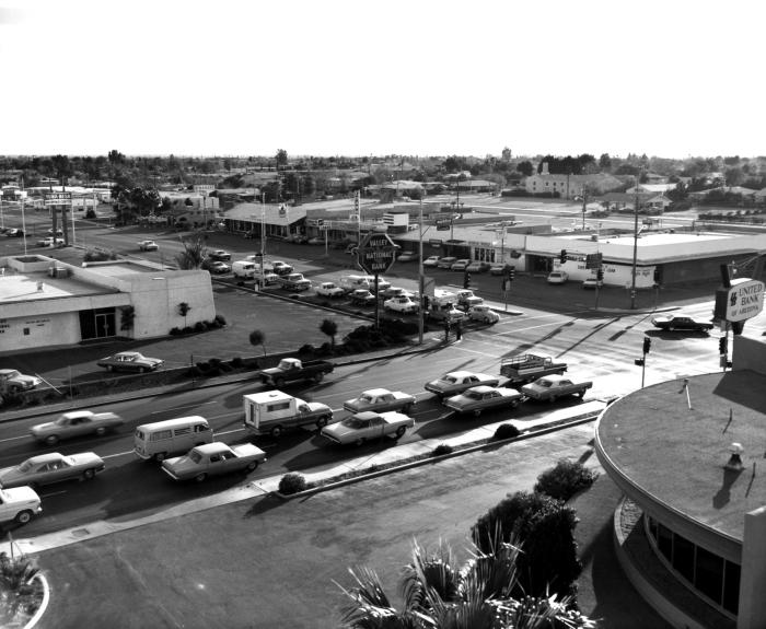 Black and white historical image of cars on US 95