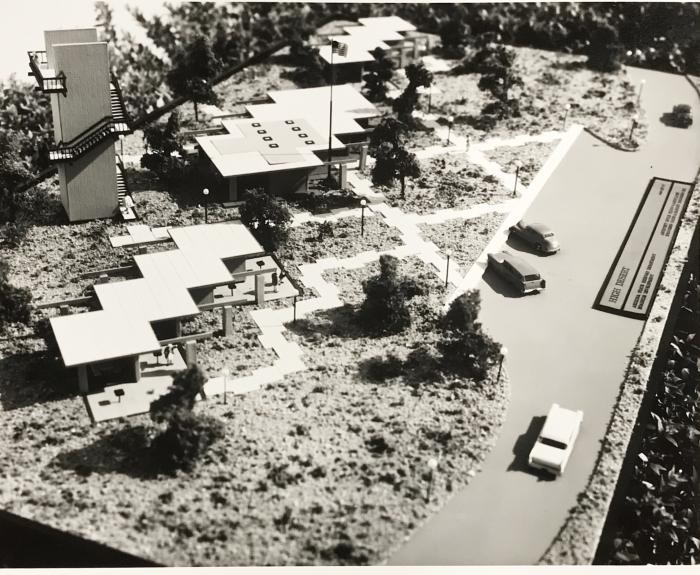 Black and white image of a miniature rest area diorama