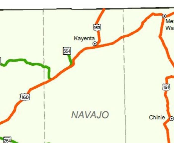 Map showing state highways in northeastern Arizona
