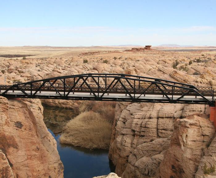 Pedestrian bridge over river canyon