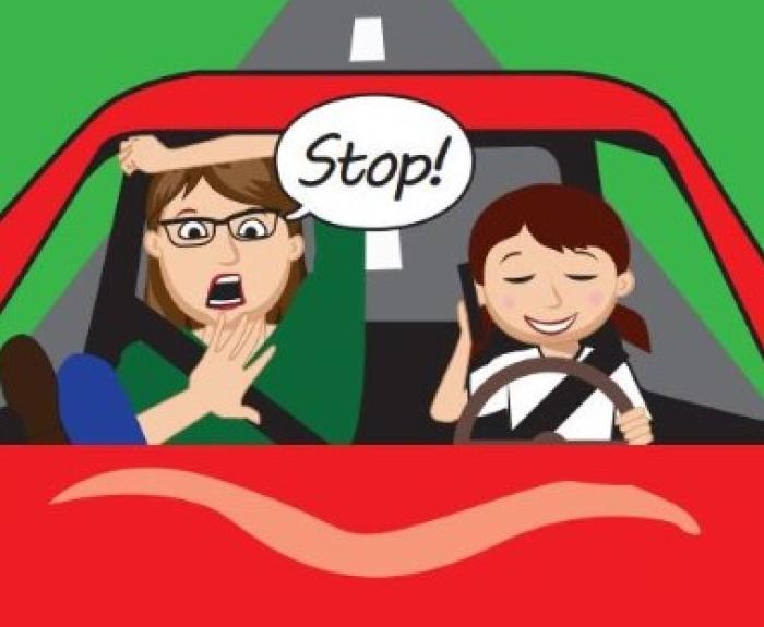 Cartoon of terrified parent in passenger seat yelling "STOP!" at teen driver on phone